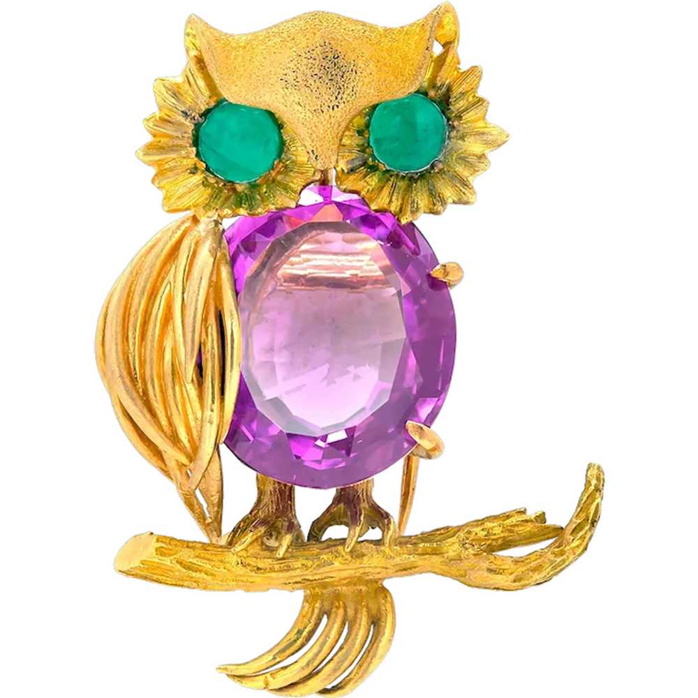 Eighteen Karat Yellow Gold Vintage Amethyst Owl B… - image 1