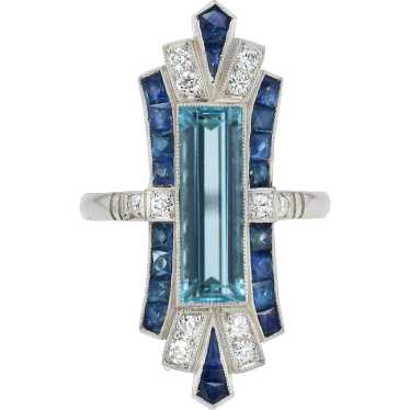 Art Deco Style Aquamarine Sapphire and Diamond Elo