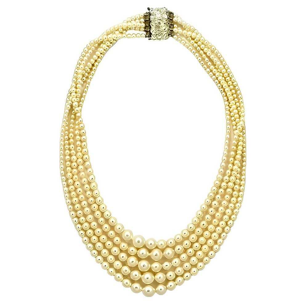 CREAM FAUX PEARL FIVE STRAND NECKLACE WITH RHINES… - image 1