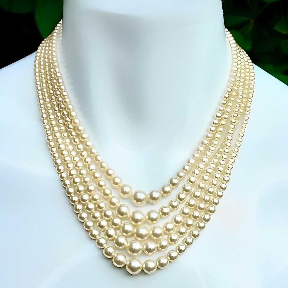 CREAM FAUX PEARL FIVE STRAND NECKLACE WITH RHINES… - image 3