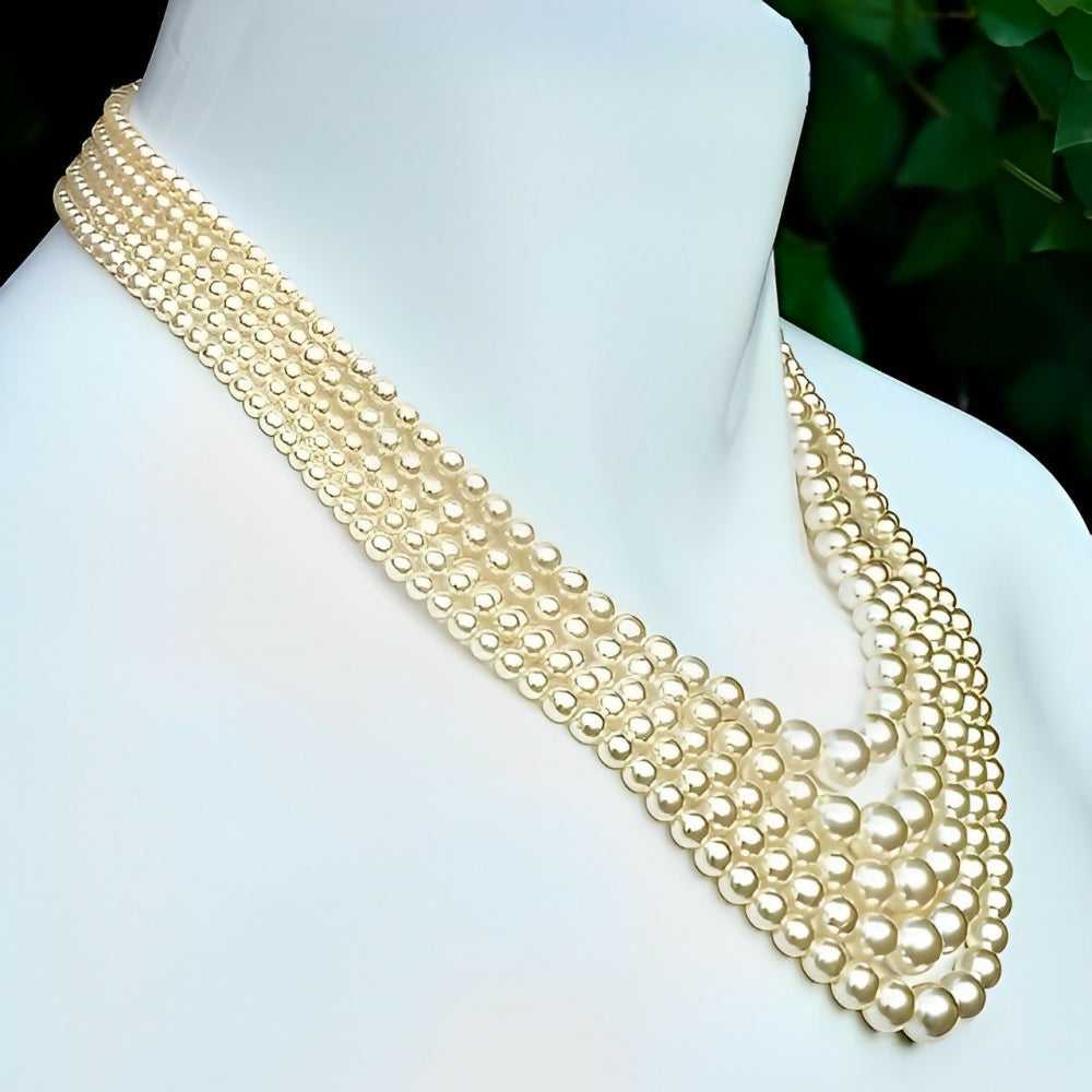 CREAM FAUX PEARL FIVE STRAND NECKLACE WITH RHINES… - image 4