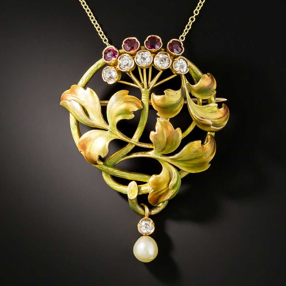 Art Nouveau Enamel, Ruby, Diamond and Pearl Penda… - image 1