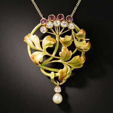 Art Nouveau Enamel, Ruby, Diamond and Pearl Penda… - image 1