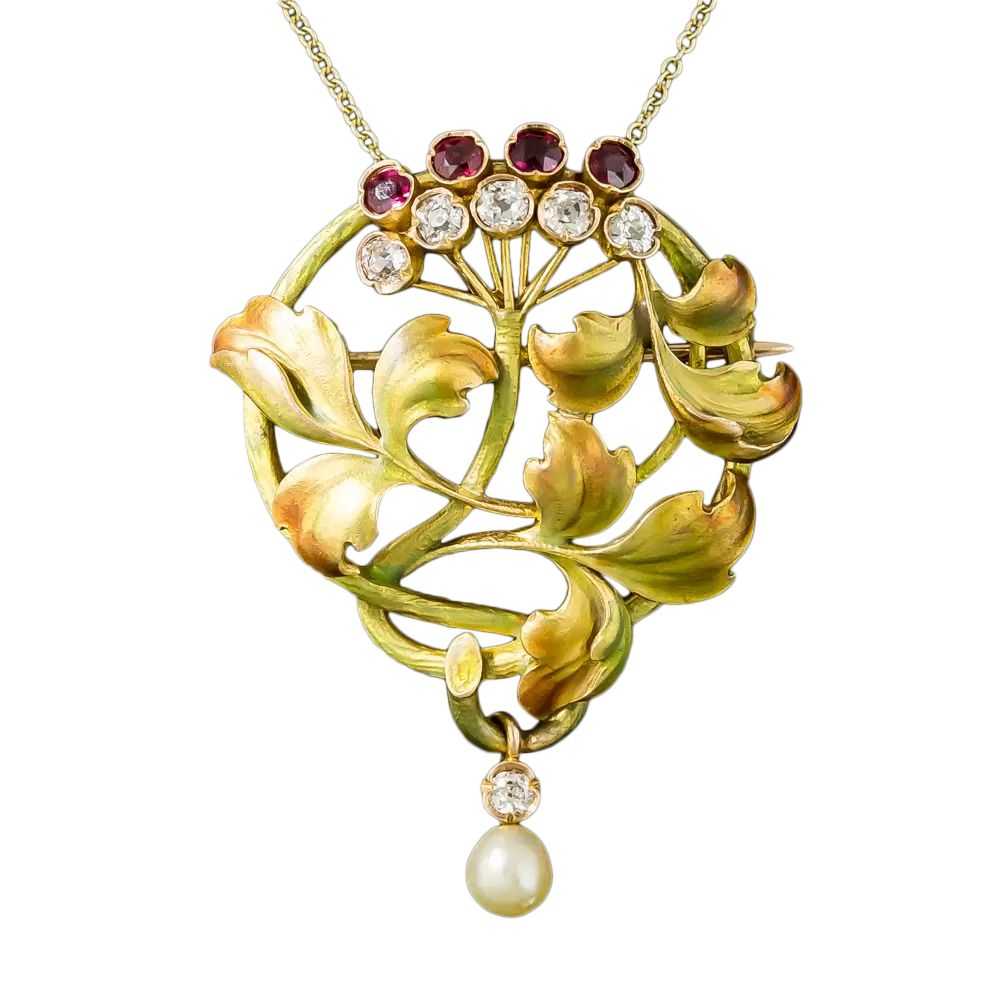 Art Nouveau Enamel, Ruby, Diamond and Pearl Penda… - image 3