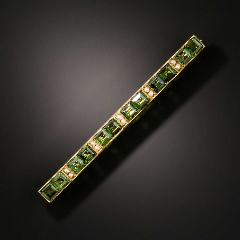 Antique Green Tourmaline and Seed Pearl Bar Pin - image 1