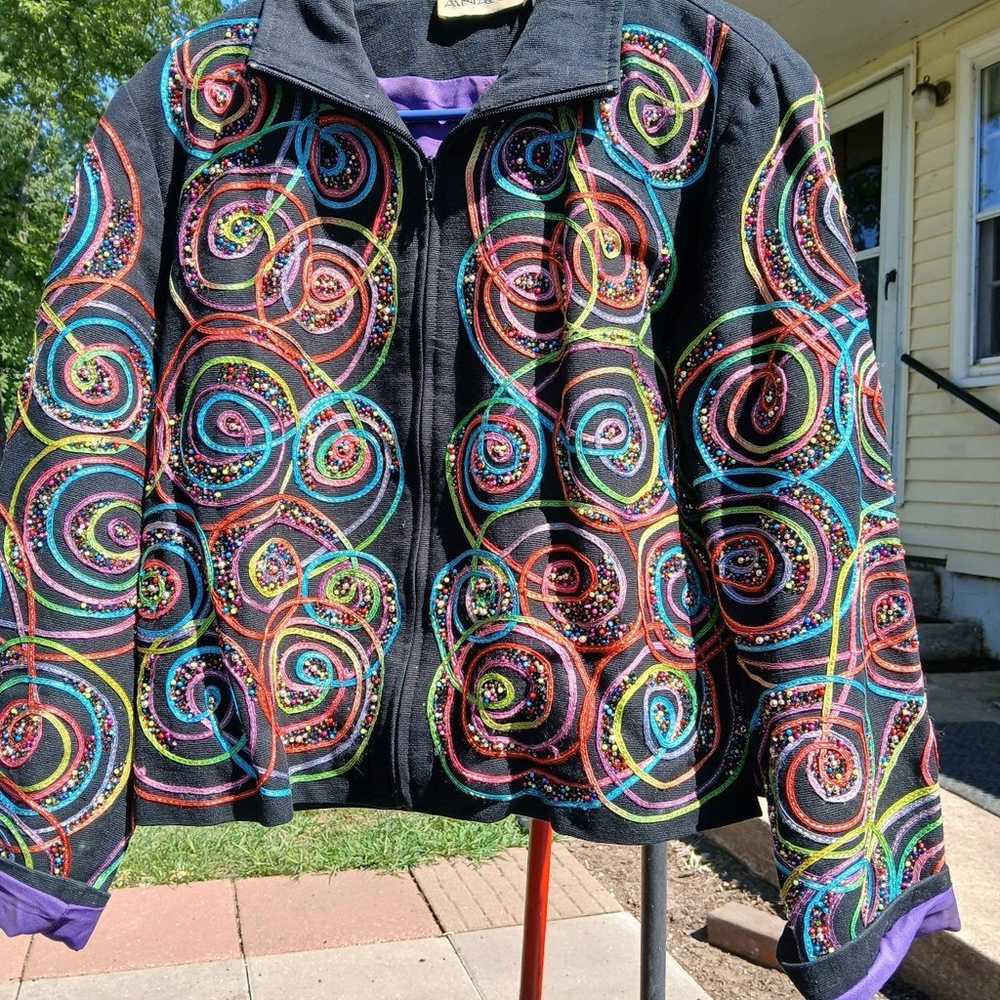 Vintage 80s bright swirls and Black Anage zip up … - image 1