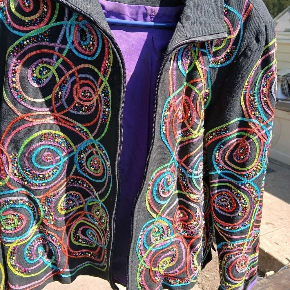 Vintage 80s bright swirls and Black Anage zip up … - image 3