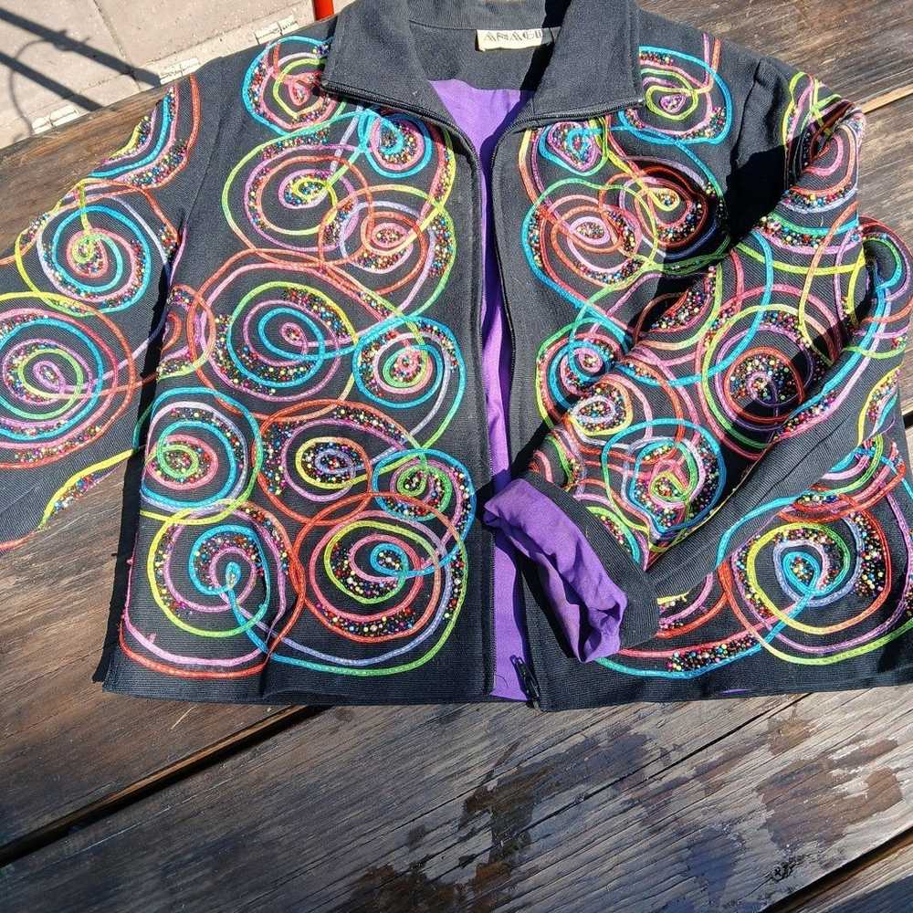 Vintage 80s bright swirls and Black Anage zip up … - image 6