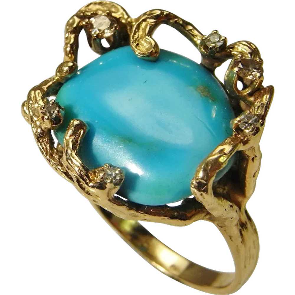 OOAK Turquoise Diamond Ring 14K Solid Gold Retro … - image 1