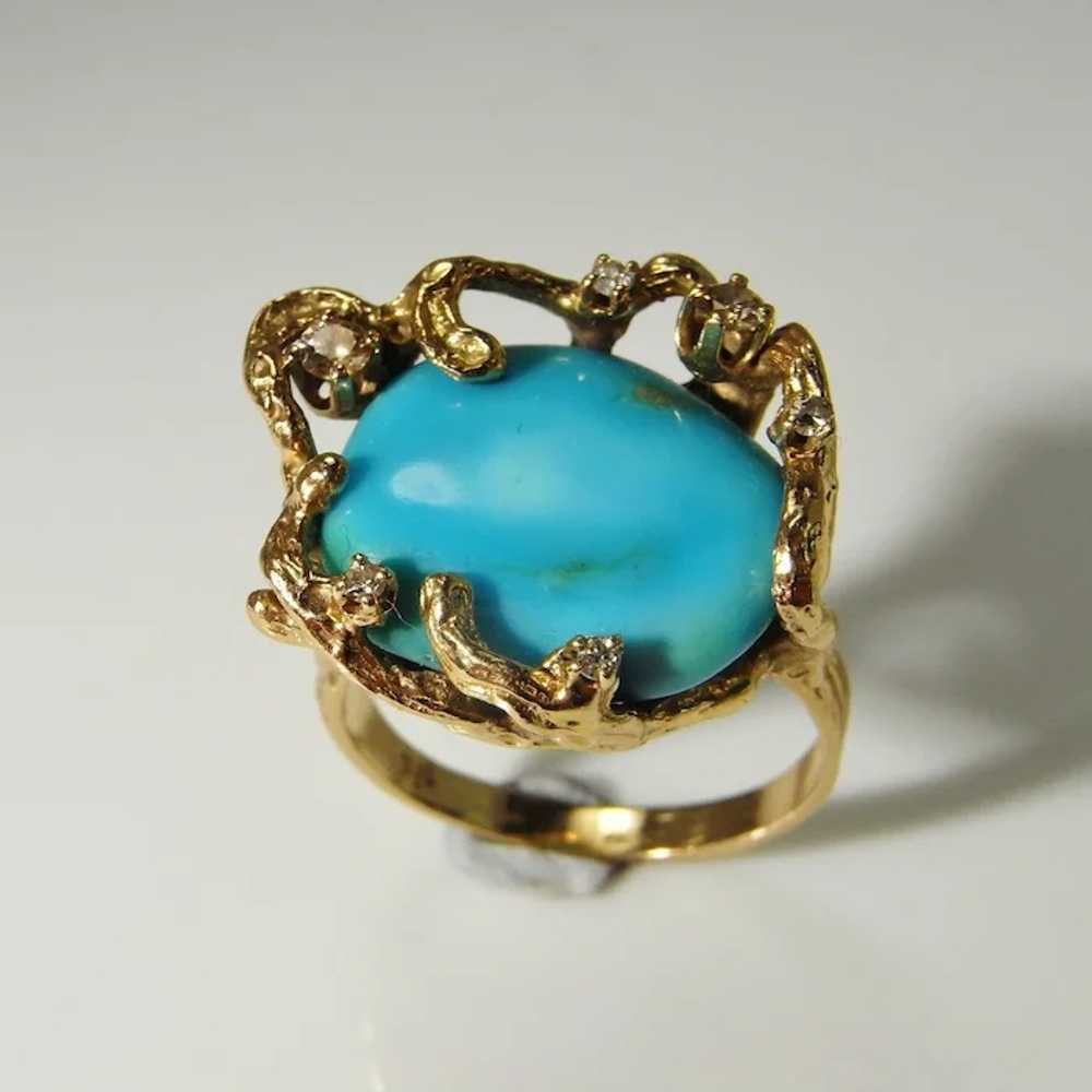 OOAK Turquoise Diamond Ring 14K Solid Gold Retro … - image 2