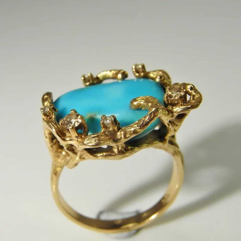 OOAK Turquoise Diamond Ring 14K Solid Gold Retro … - image 3