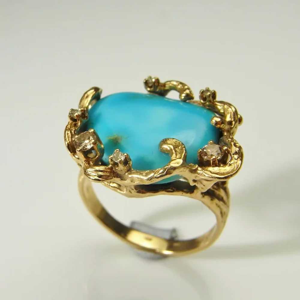 OOAK Turquoise Diamond Ring 14K Solid Gold Retro … - image 4