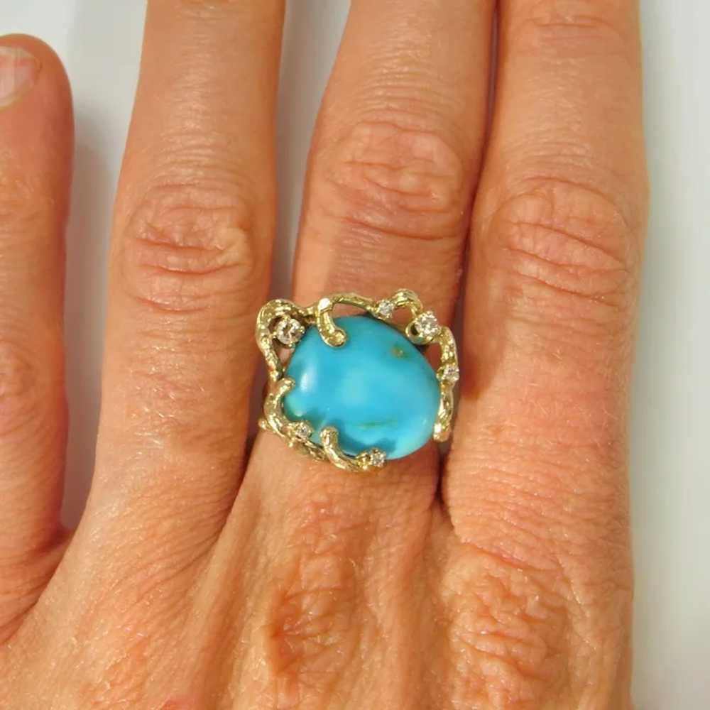 OOAK Turquoise Diamond Ring 14K Solid Gold Retro … - image 7