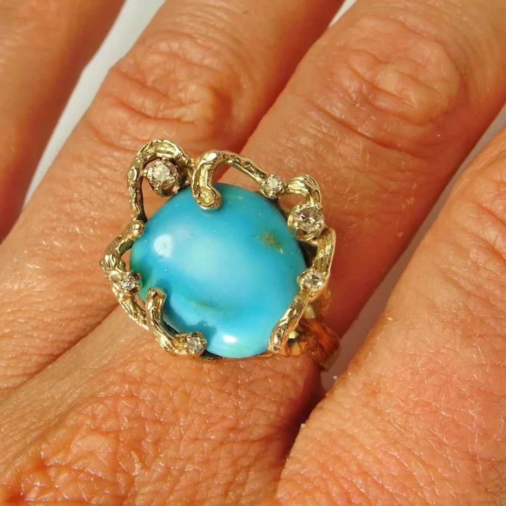 OOAK Turquoise Diamond Ring 14K Solid Gold Retro … - image 8