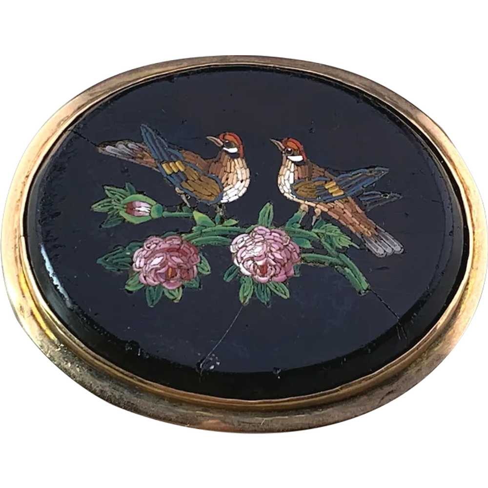 Antique 14K & Micro Mosaic Floral Bird Brooch - image 1