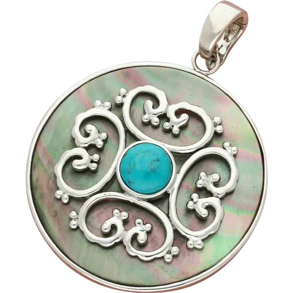 Sterling Silver Abalone Turquoise Scroll Enhancer… - image 1