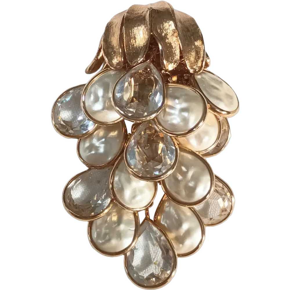 Brooch bezel set crystal faux pearl waterfall dro… - image 1