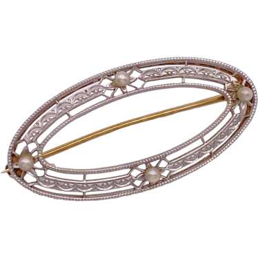 Edwardian Era Oval Circle Brooch 14K Two Tone Gol… - image 1