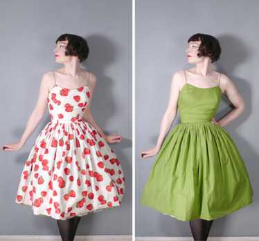 50s REVERSIBLE STRAWBERRY PRINT AND SOLID GREEN S… - image 1