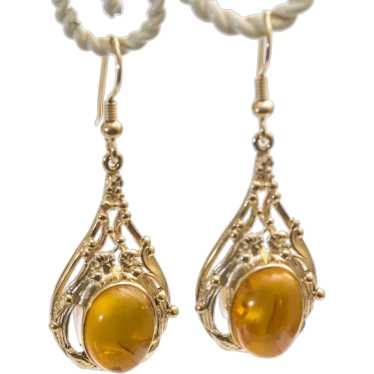 Pair 1990's Vintage 9ct Yellow Gold & Amber Caboc… - image 1