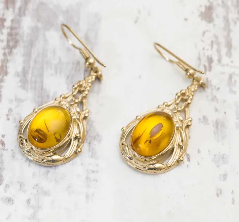 Pair 1990's Vintage 9ct Yellow Gold & Amber Caboc… - image 3