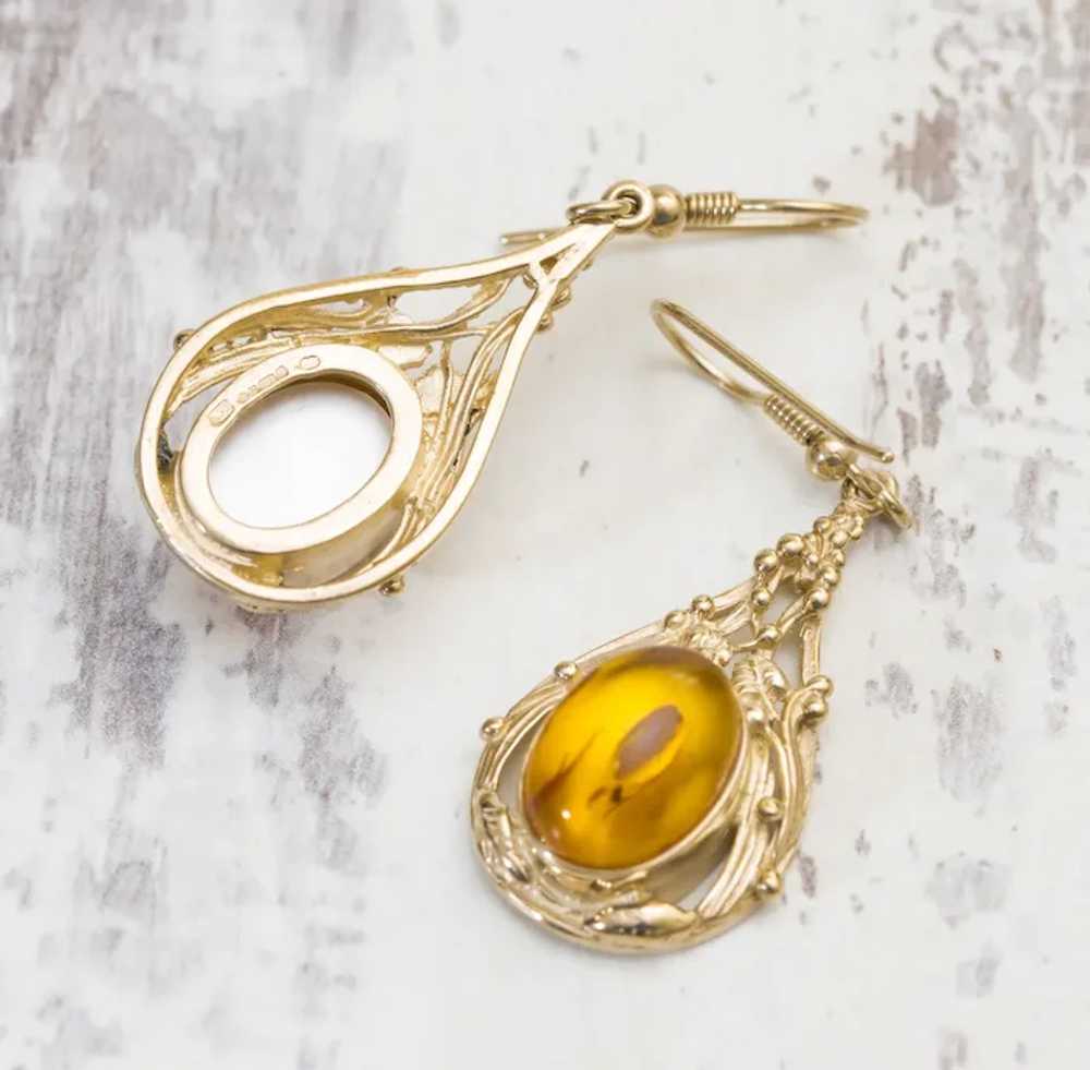 Pair 1990's Vintage 9ct Yellow Gold & Amber Caboc… - image 6