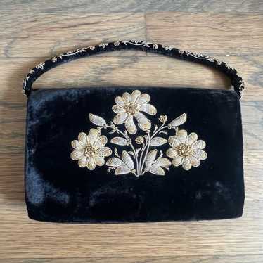 Vintage black velvet and gold floral embroidered … - image 1