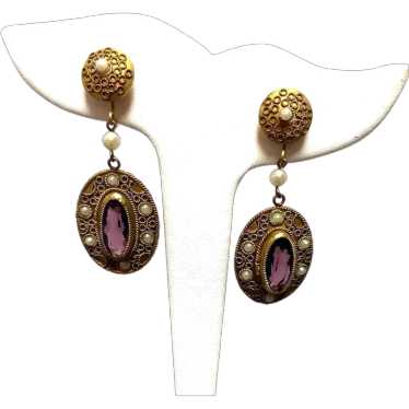 Antique Faceted Amethyst Glass & Seed Pearl Drop … - image 1