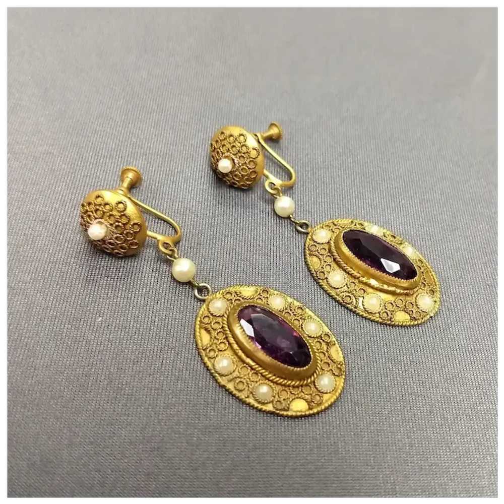 Antique Faceted Amethyst Glass & Seed Pearl Drop … - image 2