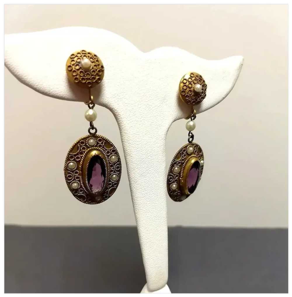 Antique Faceted Amethyst Glass & Seed Pearl Drop … - image 3