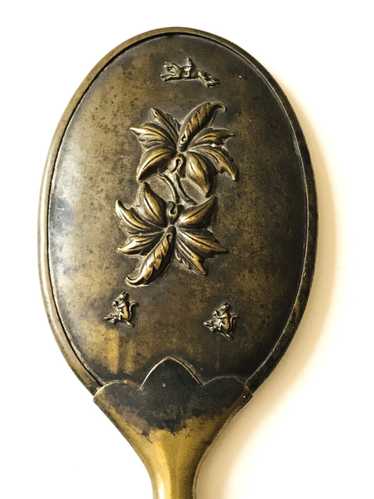 Antiq Art Nouveau Repousse Brass Oval Hand Mirror 