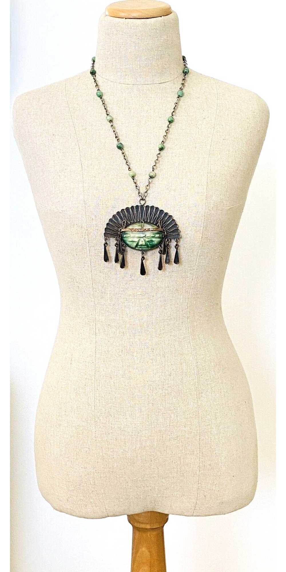 Mexican Mixed Metals Green Mask Pendant Necklace - image 12