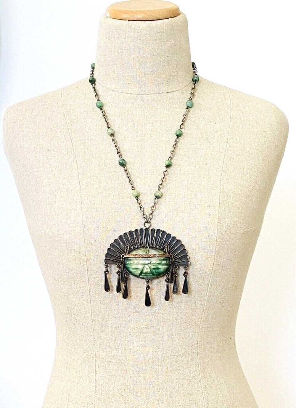 Mexican Mixed Metals Green Mask Pendant Necklace - image 2