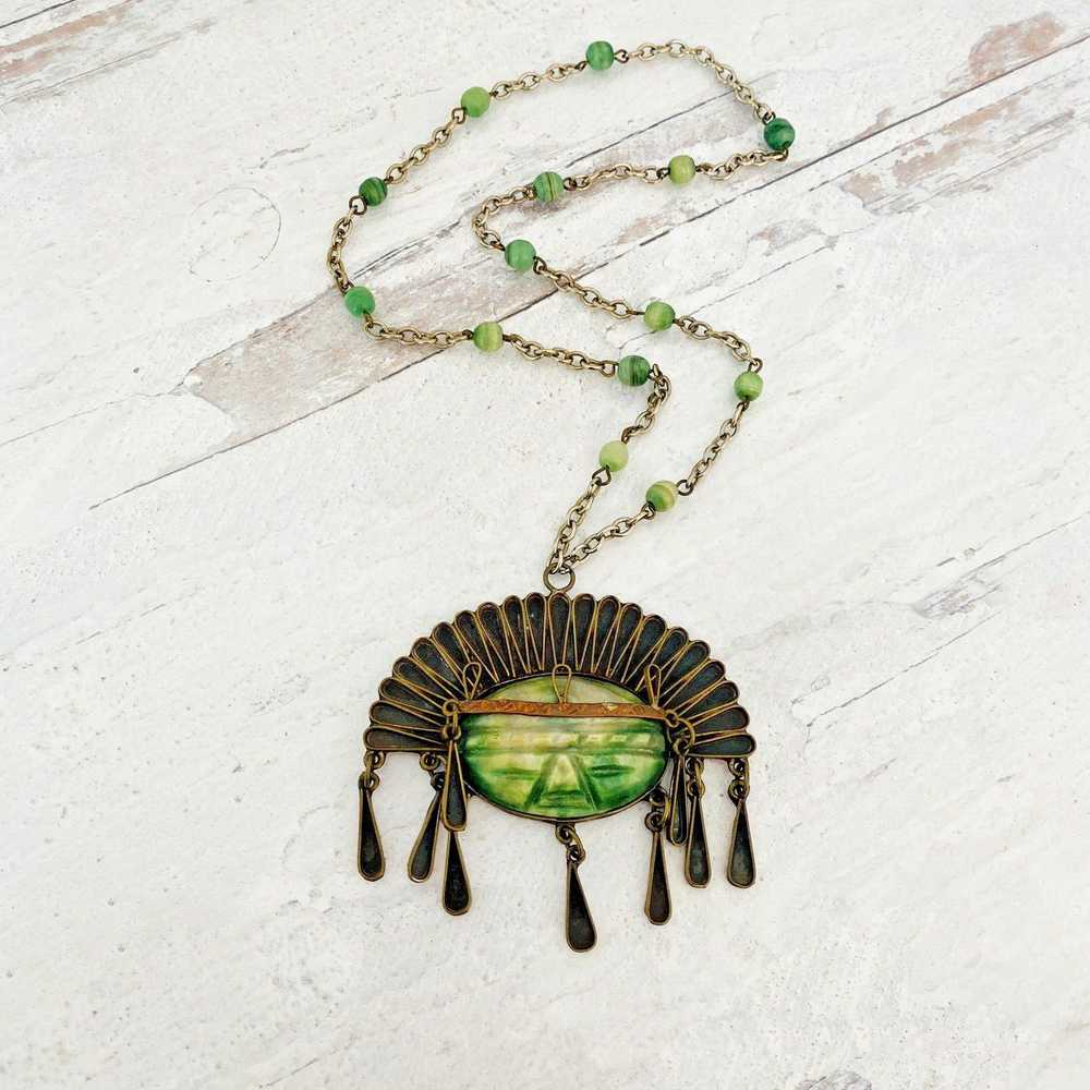 Mexican Mixed Metals Green Mask Pendant Necklace - image 3