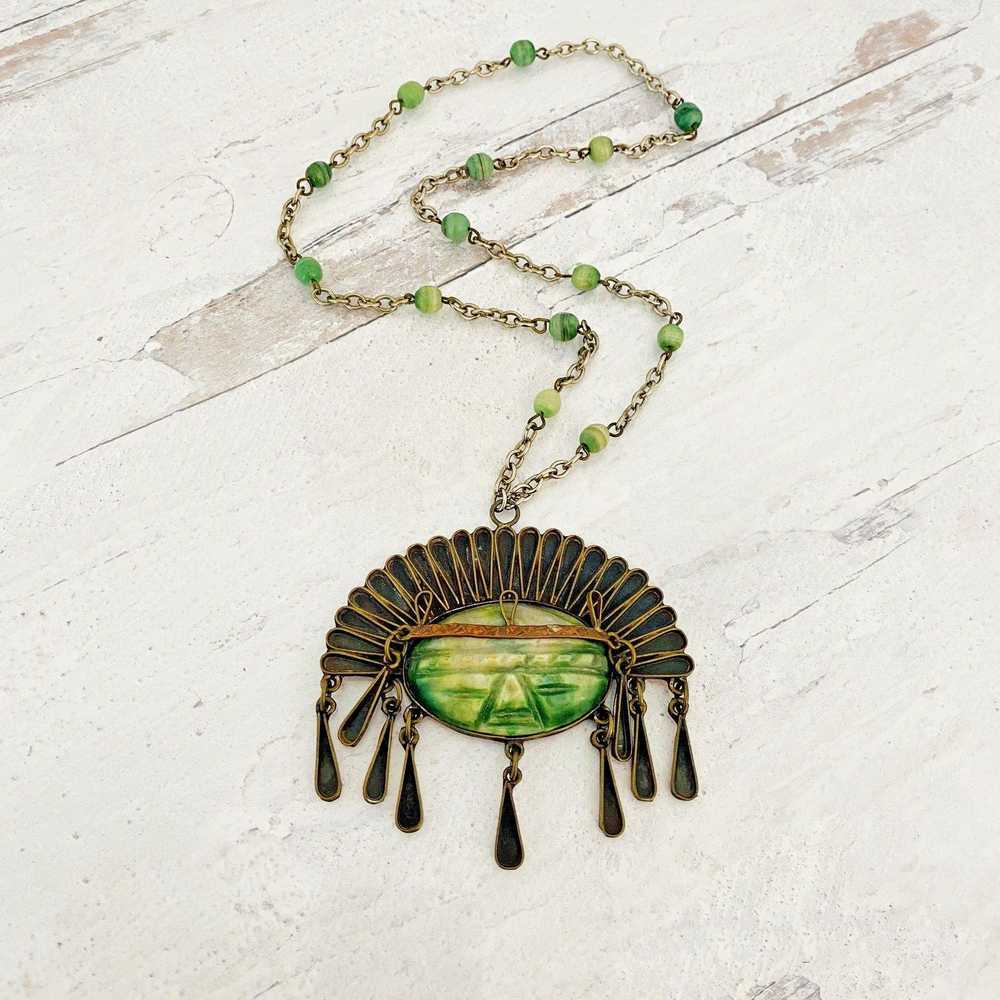 Mexican Mixed Metals Green Mask Pendant Necklace - image 4