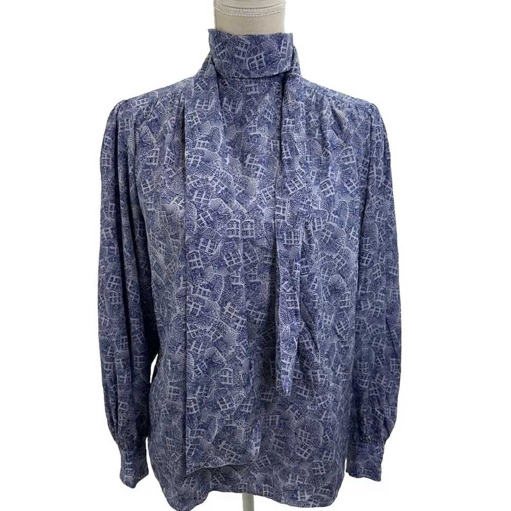 Vintage Christian Dior Blue Floral Blouse Size 6 … - image 1