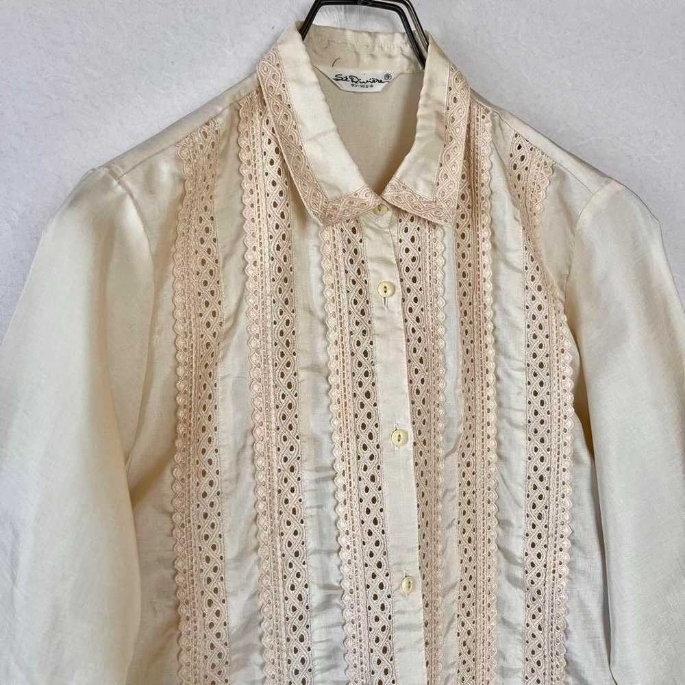 Vintage Satin Blouse Lace Ivory Retro Girly M Glo… - image 1