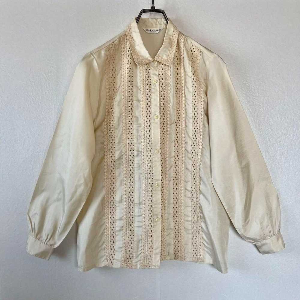 Vintage Satin Blouse Lace Ivory Retro Girly M Glo… - image 2