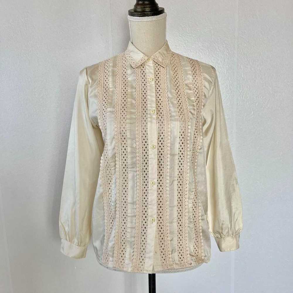 Vintage Satin Blouse Lace Ivory Retro Girly M Glo… - image 3