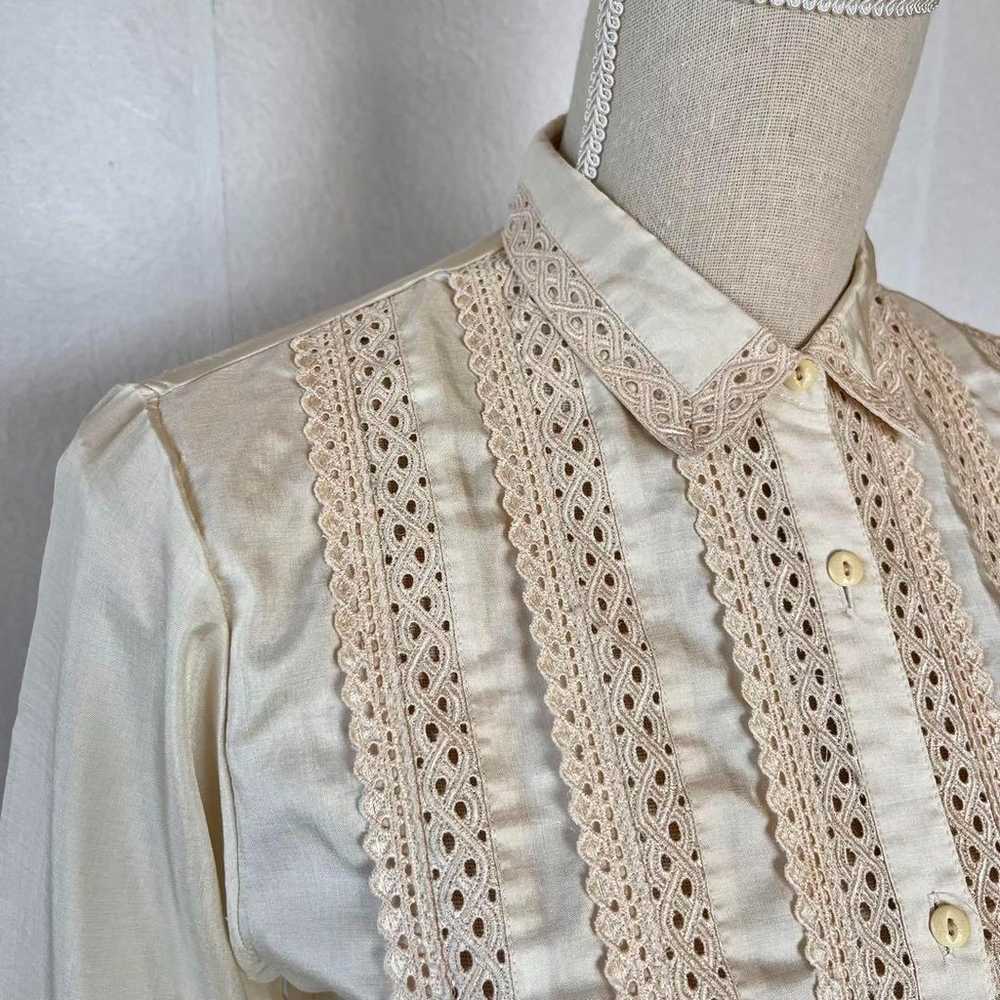 Vintage Satin Blouse Lace Ivory Retro Girly M Glo… - image 4