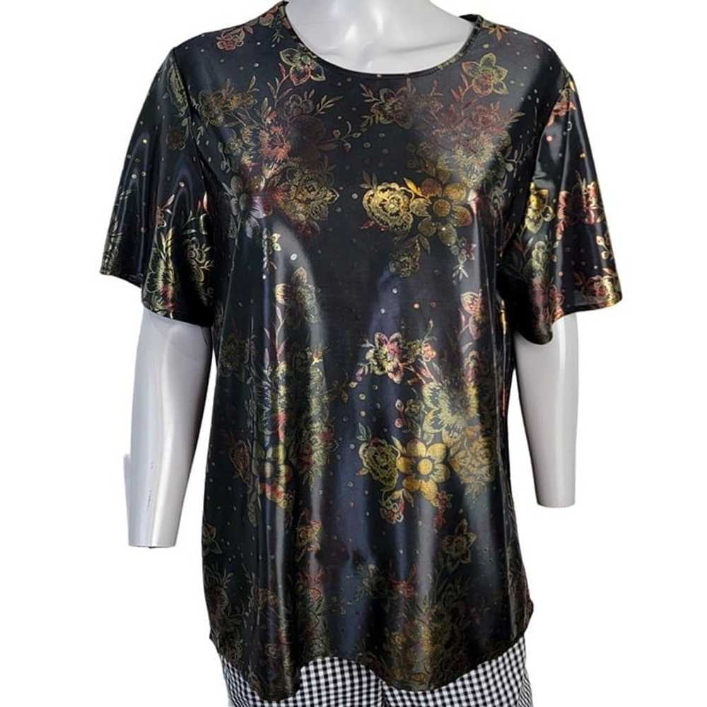 Vintage 90s Metallic Foil Floral Blouse Women Lar… - image 12