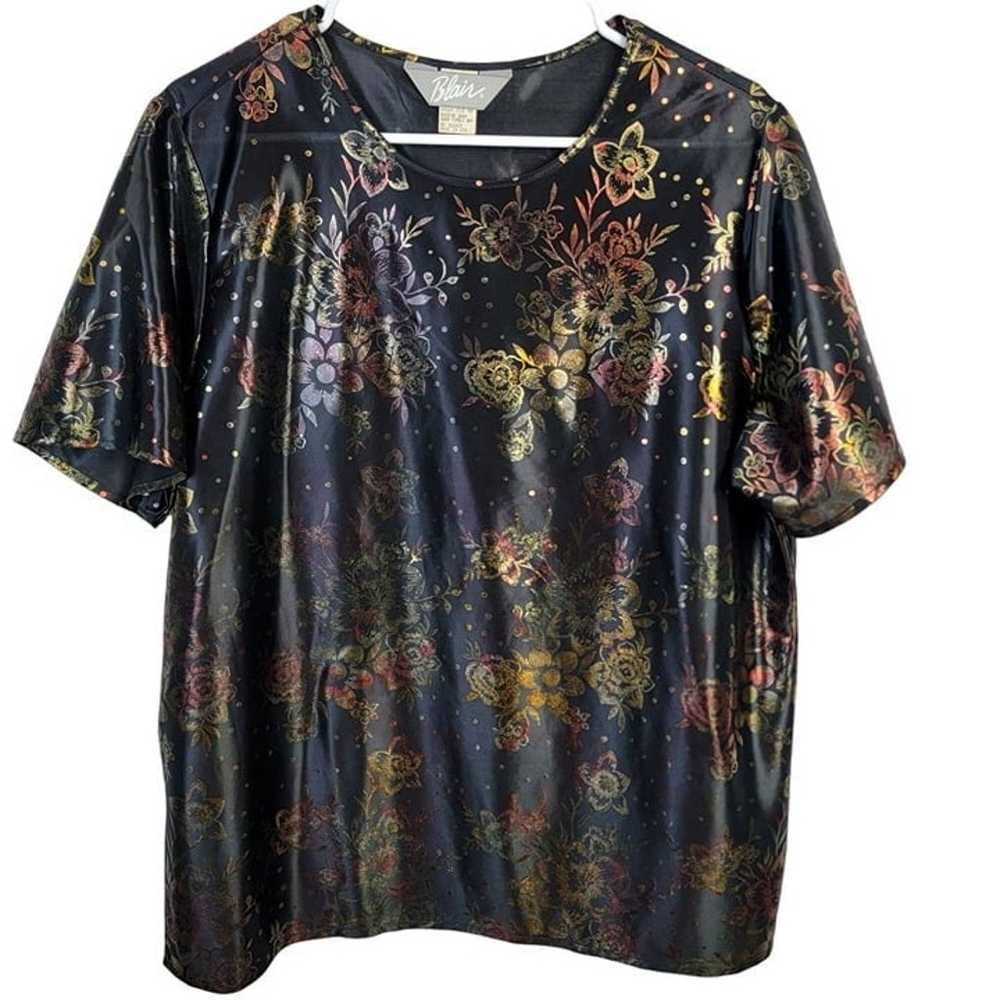 Vintage 90s Metallic Foil Floral Blouse Women Lar… - image 8