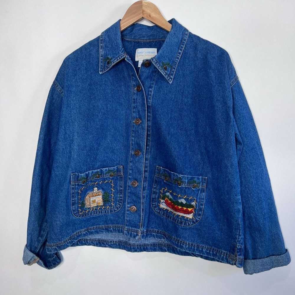 Vintage Jean Jacket Cabin Outdoor Embroidered But… - image 1