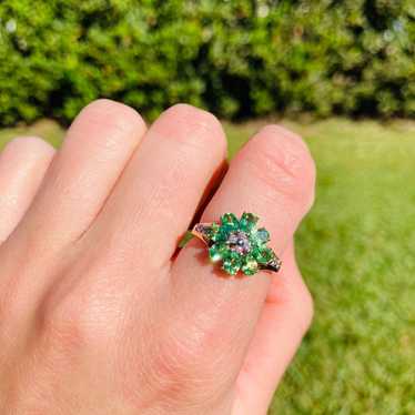 14K Gold Diamonds & Green Spinel Flower Cluster R… - image 1