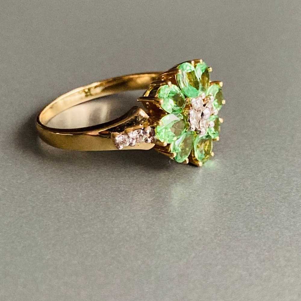 14K Gold Diamonds & Green Spinel Flower Cluster R… - image 7