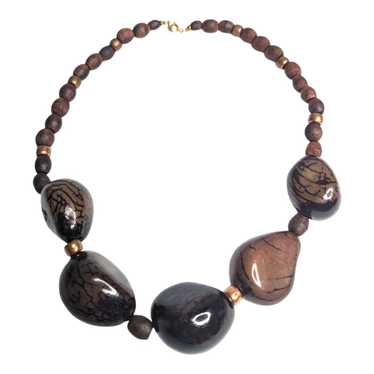 Boho Dark Brown Smooth Wooden Beaded Necklace Vin… - image 1