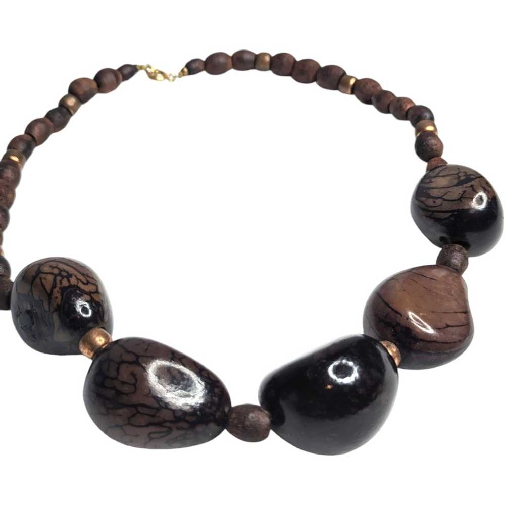 Boho Dark Brown Smooth Wooden Beaded Necklace Vin… - image 2