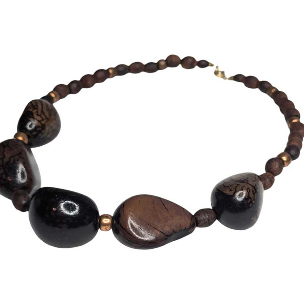 Boho Dark Brown Smooth Wooden Beaded Necklace Vin… - image 3