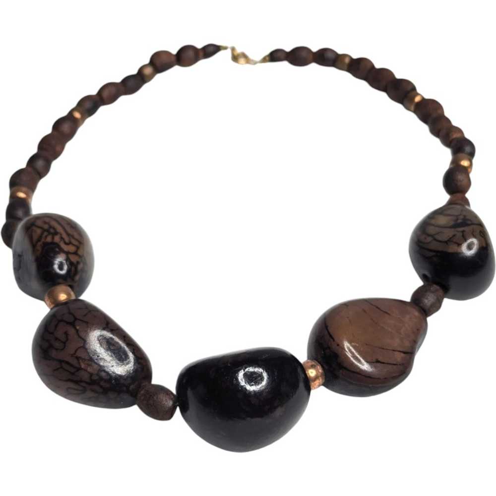 Boho Dark Brown Smooth Wooden Beaded Necklace Vin… - image 5