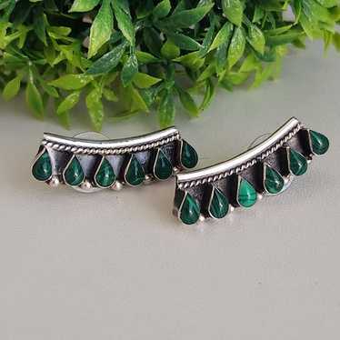 925 Sterling Silver Native Malachite Zuni Bar Ear… - image 1